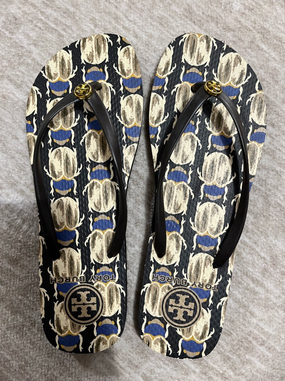 Tory Burch Black Flip Flops with Navy & Cream Print
